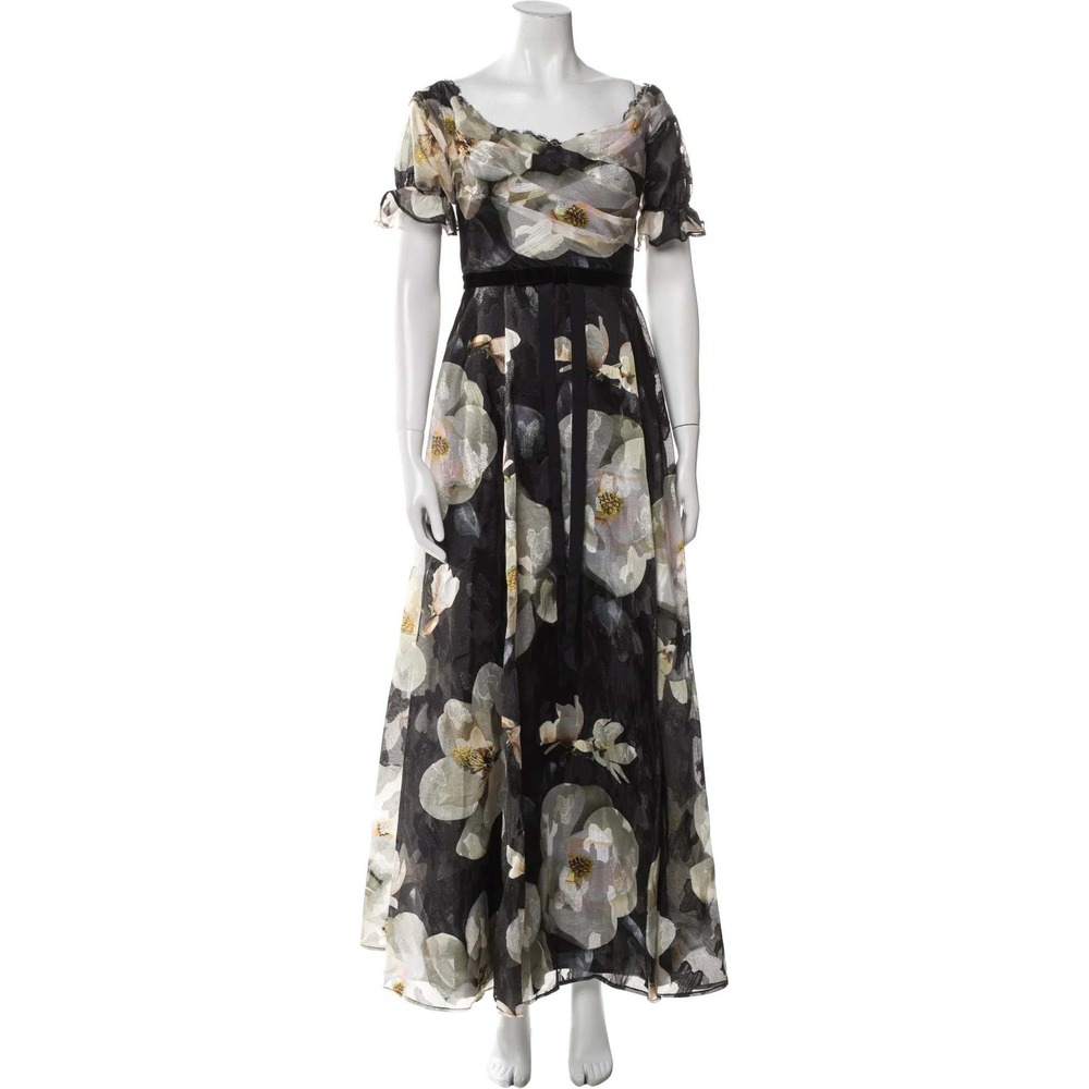 NWT Marchesa Notte Black Floral Organza Puff-Sleeve Gown with Velvet Waist Tie 2